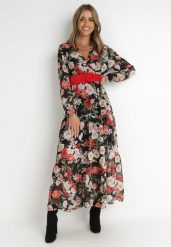 Czarna Sukienka z Paskiem i Gumką w Pasie Samiro. Czarne sukienki damskie Born2be, l, bez wzorów, bez kołnierzyka, bez ramiączek, maxi, kopertowe. Za 69.99 zł.
