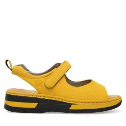 Sandały Rieker. Żółte sandały damskie Rieker, bez wzorów, bez obcasa, na płaskiej podeszwie, bez zapięcia. Za 299.99 zł.