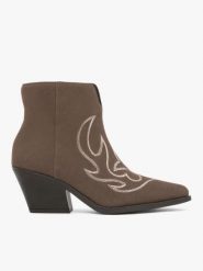 Brązowe botki kowbojki z przeszyciami. Brązowe botki damskie Ryłko, bez wzorów, ze skóry, za kostkę, bez obcasa, na obcasie, bez zapięcia. Za 499.99 zł.