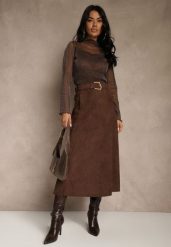 Brązowa Spódnica z Wiskozy z Bawełną z Imitacji Zamszu z Paskiem Oliweda. Brązowe spódnice damskie Renee, na co dzień, l, bez wzorów, z bawełny, midi. Za 139.99 zł.