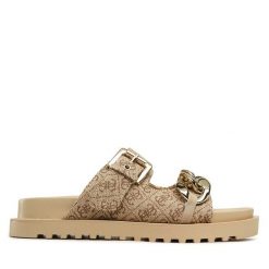 Klapki Guess. Brązowe klapki damskie Guess, z aplikacjami, bez obcasa, bez zapięcia. Za 459.99 zł.