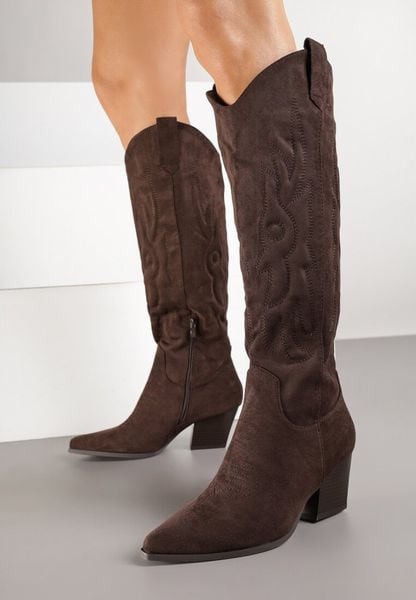 Ciemnobrązowe Kozaki Kowbojki na Obcasie Stożku z Ekozamszu Iritane. Brązowe kozaki damskie Born2be, na jesień, bez wzorów, z jeansu, bez obcasa, na obcasie, bez zapięcia. Za 169.99 zł.