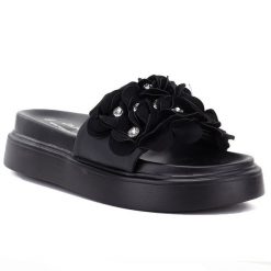 Klapki damskie na platformie w kwiaty czarne D&A by S.Barski MR61-9015. Czarne klapki damskie d&a, z aplikacjami, ze skóry ekologicznej, bez obcasa, na platformie, bez zapięcia. Za 179.99 zł.
