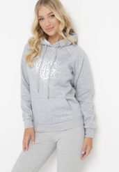 Jasnoszara Bluza z Kapturem i Nadrukiem oraz Ściągaczami Sitta. Szare bluzy damskie Born2be, l, bez wzorów, casualowe, bez ramiączek, z kapturem. Za 84.99 zł.
