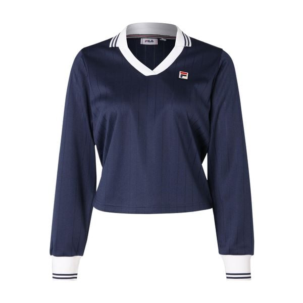 Damska koszulka polo z długim rękawem Fila Lawe. Niebieskie bluzki damskie Fila, bez wzorów, eleganckie, bez kołnierzyka, bez ramiączek. W wyprzedaży za 210.00 zł.