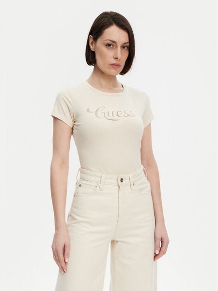 Guess T-Shirt W5GI47 KA0Q1 Écru Slim Fit. T-shirty damskie Guess, xs, z aplikacjami, z bawełny, bez kołnierzyka, bez ramiączek. Za 109.99 zł.