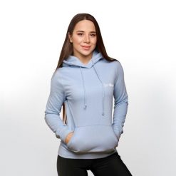 Bluza damska fitness z kapturem niebieska PRO Hoodie. Niebieskie bluzy damskie GYMBEAM, l, bez wzorów, z bawełny, klasyczne, bez ramiączek, z kapturem. Za 88.90 zł.