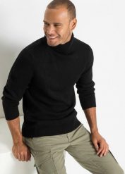 Ciepły sweter z golfem, regular fit. Czarne swetry męskie bonprix, m, bez wzorów, prążkowane, bez kołnierzyka, bez ramiączek. Za 99.99 zł.
