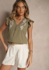 Ciemnobeżowa Bluzka z Bawełny z Haftowanymi Zdobieniami i Falbanką Talanea. Brązowe bluzki damskie Renee, l, z aplikacjami, z bawełny, boho, bez kołnierzyka, bez ramiączek. Za 74.99 zł.