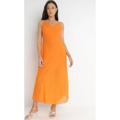 Pomarańczowa Sukienka Philice. Brązowe sukienki damskie Born2be, z aplikacjami, z tkaniny, glamour, bez kołnierzyka, bez ramiączek, maxi. Za 29.99 zł.