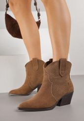 Brązowe Botki Typu Kowbojki na Stożku ze Skóry Naturalnej Clearfeather. Brązowe botki damskie Renee, bez wzorów, z jeansu, klasyczne, bez obcasa, na obcasie, bez zapięcia. Za 199.99 zł.
