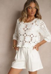 Biała Ażurowa Bluzka z Bawełny Nilonna. Białe bluzki damskie Renee, w ażurowe wzory, z bawełny, eleganckie, bez kołnierzyka, bez ramiączek. Za 109.99 zł.