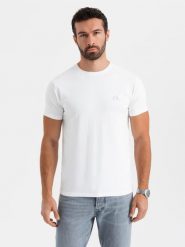 Męski t-shirt SLIM FIT z elastanem i printem – biały V2 OM-TSBC-0222 - XXL. Białe t-shirty męskie Ombre Clothing, l, bez wzorów, z bawełny, bez kołnierzyka, bez ramiączek. W wyprzedaży za 39.99 zł.