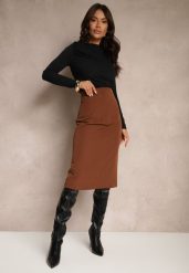 Brązowa Spódnica o Ołówkowym Kroju High Waist z Rozcięciem z Tyłu Liozia. Brązowe spódnice damskie Renee, uniwersalny, bez wzorów, z jedwabiu, eleganckie, z podwyższonym stanem, midi, ołówkowe. Za 44.99 zł.