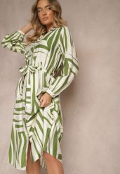 Zielona Sukienka z Wiskozą o Koszulowym Kroju w Geometryczny Print Ninatria. Zielone sukienki damskie Renee, na co dzień, l, bez wzorów, z wiskozy, eleganckie, bez kołnierzyka, bez ramiączek, midi, koszulowe. Za 119.99 zł.