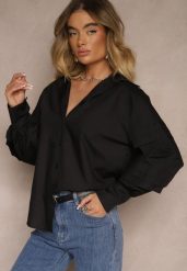 Czarna Koszula z Bawełną i Szerokimi Rękawami Edioniela. Czarne koszule damskie Renee, m, bez wzorów, z bawełny, eleganckie, bez kołnierzyka, bez ramiączek. Za 79.99 zł.