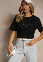 Czarny Bawełniany T-shirt Zdobiony Haftowanym Napisem z Cekinami Ulionis. Czarne t-shirty damskie Renee, m, z aplikacjami, z bawełny, eleganckie, bez kołnierzyka, bez ramiączek. Za 39.99 zł.