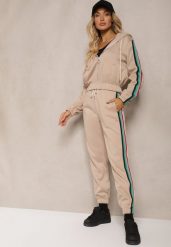 Beżowy Komplet Dresowy z Kolorowym Lampasem Bluza z Kapturem i Spodnie Joggery Nevarielles. Brązowe bluzy damskie Renee, l, bez wzorów, z dresówki, bez ramiączek, z kapturem. Za 99.99 zł.