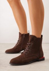 Brązowe Botki Trzewiki VICES z Ażurową Cholewką Bissen. Brązowe botki damskie Born2be, z aplikacjami, z dzianiny, biznesowe, bez obcasa, na płaskiej podeszwie, bez zapięcia. Za 129.99 zł.