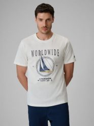 4F T-shirt regular z nadrukiem męski - biały XXL. Białe t-shirty męskie 4F, m, bez wzorów, z bawełny, bez kołnierzyka, bez ramiączek. Za 69.99 zł.
