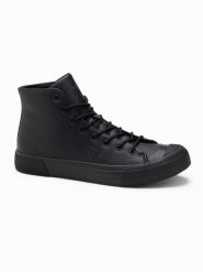 Wysokie buty trampki męskie z gumowym noskiem – czarne V6 OM-FOSH-0138 - 45. Czarne trampki męskie Ombre Clothing, z aplikacjami, z gumy, klasyczne, bez zapięcia. Za 119.99 zł.