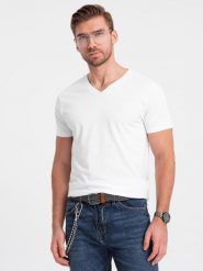 Sygnowany męski t-shirt V-neck z elastanem – biały V1 - Rozmiar: L. Białe t-shirty męskie Ombre Clothing, l, bez wzorów, z bawełny, bez kołnierzyka, bez ramiączek. W wyprzedaży za 52.50 zł.