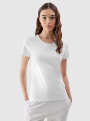 4F T-shirt slim z nadrukiem damski - biały S. Białe t-shirty damskie 4F, s, bez wzorów, z bawełny, sportowe, bez kołnierzyka, bez ramiączek. W wyprzedaży za 39.99 zł.
