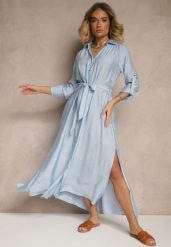 Niebieska Sukienka Koszulowa z Wiskozą Ozdobiona Paskiem Cleonira. Niebieskie sukienki damskie Renee, na co dzień, l, bez wzorów, z wiskozy, eleganckie, bez kołnierzyka, bez ramiączek, maxi, kopertowe. Za 119.99 zł.