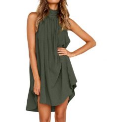 Sukienka DIMENA KHAKI. Brązowe sukienki damskie Sukienka DIMENA KHAKI, uniwersalny, bez wzorów, bez kołnierzyka, bez ramiączek, mini. W wyprzedaży za 69.00 zł.