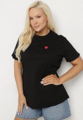 Czarny Bawełniany T-shirt Ozdobiony Sercem Tolianee. Czarne t-shirty damskie Born2be, l, bez wzorów, z bawełny, klasyczne, bez kołnierzyka, bez ramiączek. Za 49.99 zł.