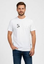 Biały t-shirt z printem, Comfort Fit, T-SPACER. Białe t-shirty męskie Volcano, m, bez wzorów, z bawełny, bez kołnierzyka, bez ramiączek. Za 59.99 zł.