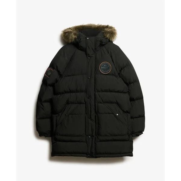 Długa kurtka Superdry Everest. Czarne kurtki męskie Superdry, xl, bez wzorów, z puchu, eleganckie, bez kaptura. Za 942.75 zł.