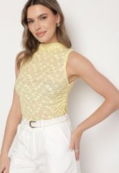 Żółty Top Koronkowy o Dopasowanym Kroju z Marszczeniem Nitwenna. Żółte topy damskie Born2be, l, bez wzorów, z jeansu, eleganckie, bez kołnierzyka, bez ramiączek. Za 69.99 zł.
