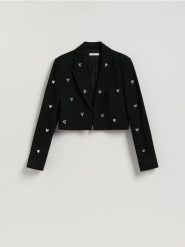 Marynarka z aplikacjami - czarny. Czarne marynarki i żakiety damskie Reserved, z aplikacjami, z dzianiny, bez kołnierzyka, bez ramiączek. Za 179.99 zł.