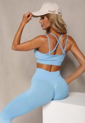 Niebieski Elastyczny Komplet Fitness Usztywniany Biustonosz i Legginsy z Gumką Orbinra. Niebieskie legginsy damskie Renee, bez wzorów. Za 69.99 zł.