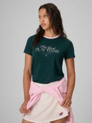 4F T-shirt regular z nadrukiem damski - zielony XL. Zielone koszulki sportowe damskie 4F, m, bez wzorów, z bawełny, bez ramiączek, tenisowe. Za 59.99 zł.