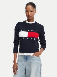 Tommy Jeans Sweter Flag DW0DW22930 Granatowy Regular Fit. Niebieskie swetry nierozpinane damskie Tommy Jeans, m, bez wzorów, z bawełny, bez kołnierzyka, bez ramiączek. Za 409.99 zł.