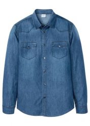 Koszula jeansowa z czystej bawełny organicznej, slim fit. Niebieskie koszule męskie bonprix, l, bez wzorów, z bawełny, bez kołnierzyka, bez ramiączek. Za 109.99 zł.