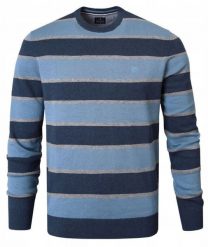 Bawełniany Sweter Męski, Okrągły Dekolt - Pako Jeans - Niebieski i Granat, Pasy. Niebieskie swetry męskie Pako Jeans, l, bez wzorów, z bawełny, eleganckie, bez kołnierzyka, bez ramiączek. Za 169.00 zł.