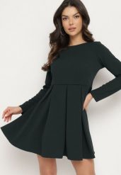 Ciemnozielona Elegancka Sukienka o Rozkloszowanym Kroju Temitonia. Zielone sukienki damskie Born2be, m, bez wzorów, eleganckie, bez kołnierzyka, bez ramiączek, mini, rozkloszowane. Za 119.99 zł.