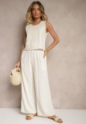 Jasnobeżowe Spodnie Palazzo o Szerokim Kroju High Waist Ozdobione Wiązaniem Sonariella. Brązowe spodnie materiałowe damskie Renee, bez wzorów, z jeansu, biznesowe, z podwyższonym stanem. Za 59.99 zł.