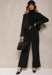 Czarne Szerokie Spodnie Garniturowe z Wiskozą High Waist z Paskiem z Klamrą Enarela. Czarne spodnie materiałowe damskie Renee, na lato, bez wzorów, z jeansu, eleganckie, z podwyższonym stanem. Za 99.99 zł.