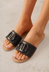 Czarne Plecione Klapki na Płaskiej Podeszwie Zdobione Metaliczną Aplikacją Rhelana. Czarne klapki damskie Renee, z aplikacjami, boho, bez obcasa, na płaskiej podeszwie, bez zapięcia. Za 69.99 zł.