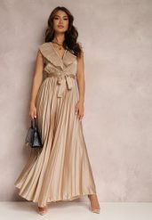 Beżowy Kombinezon Plisowany Hyrmane. Brązowe sukienki damskie Renee, na imprezę, m, bez wzorów, eleganckie, bez kołnierzyka, bez ramiączek, maxi, plisowane. Za 149.99 zł.