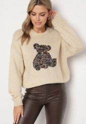 Beżowy Sweter z Wiskozy Ozdobiony Misiem i Cekinami Lilimi. Brązowe swetry nierozpinane damskie Born2be, l, bez wzorów, z jeansu, eleganckie, bez kołnierzyka, bez ramiączek. Za 129.99 zł.