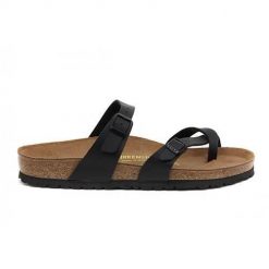 Klapki damskie Birkenstock 071791. Czarne klapki damskie Birkenstock, na lato, bez wzorów, z materiału, eleganckie, bez obcasa, bez zapięcia. Za 679.00 zł.