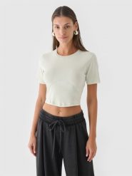 4F Crop top slim gładki damski - zielony L. Zielone topy damskie 4F, l, bez wzorów, z bawełny, sportowe, bez kołnierzyka, bez ramiączek. W wyprzedaży za 19.99 zł.