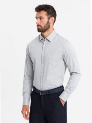 Koszula męska SLIM FIT z ozdobnej tkaniny z kieszonką – szara V2 OM-SHCS-0174 - XXL. Szare koszule męskie Ombre Clothing, l, bez wzorów, z bawełny, biznesowe, bez kołnierzyka, bez ramiączek. W wyprzedaży za 119.99 zł.
