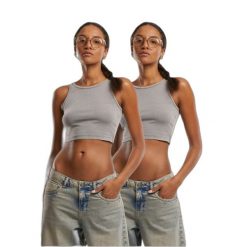 Top z jersey damski Urban Classics (x2). Szare topy damskie Urban Classics, bez wzorów, z dzianiny, eleganckie, bez kołnierzyka, bez ramiączek. Za 149.50 zł.