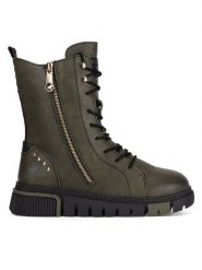 Mustang Trzewiki 1502-502 Khaki. Brązowe botki damskie Mustang, bez wzorów, z materiału, bez obcasa, na płaskiej podeszwie, bez zapięcia. Za 399.99 zł.